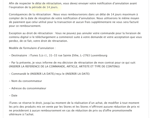 14 Jours pour vous faire rembourse sur iTunes
